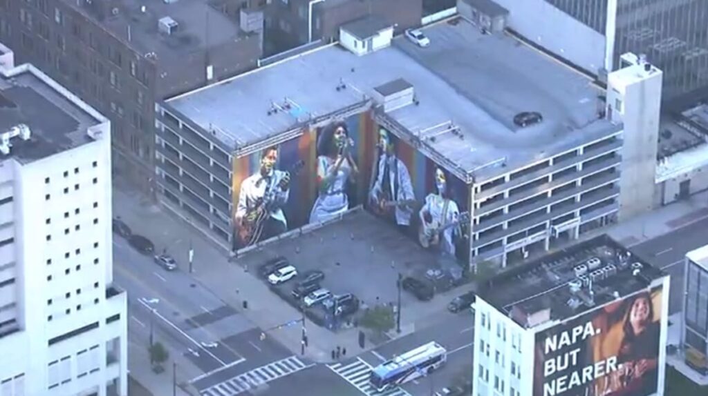 Aerial view of Eduardo Kobra’s rock and roll mural on the 55 Public Square Garage in Cleveland