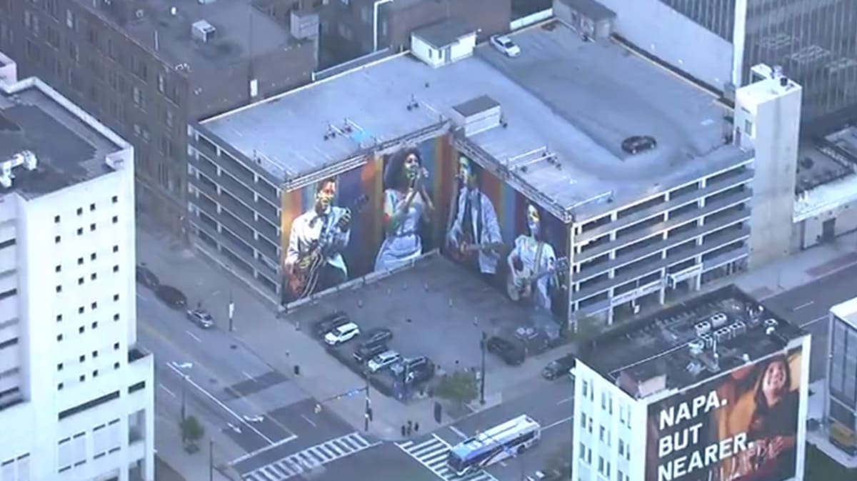 Aerial view of Eduardo Kobra’s rock and roll mural on the 55 Public Square Garage in Cleveland