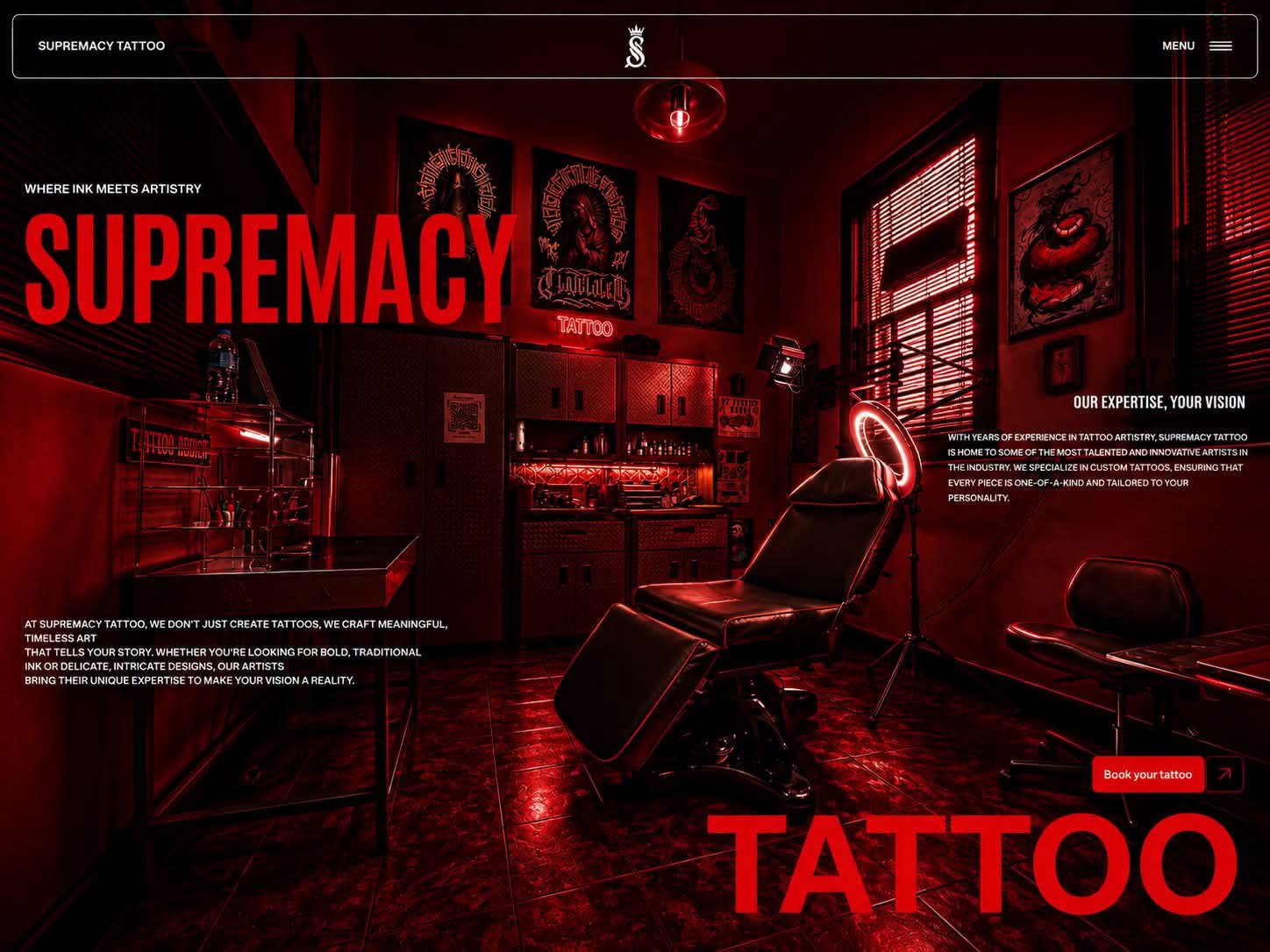 Red-lit tattoo studio design featuring Supremacy lettering and a tattoo chair