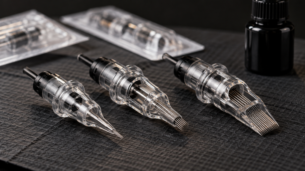 AI-generated illustration of tattoo needle cartridges on a dark studio workstation